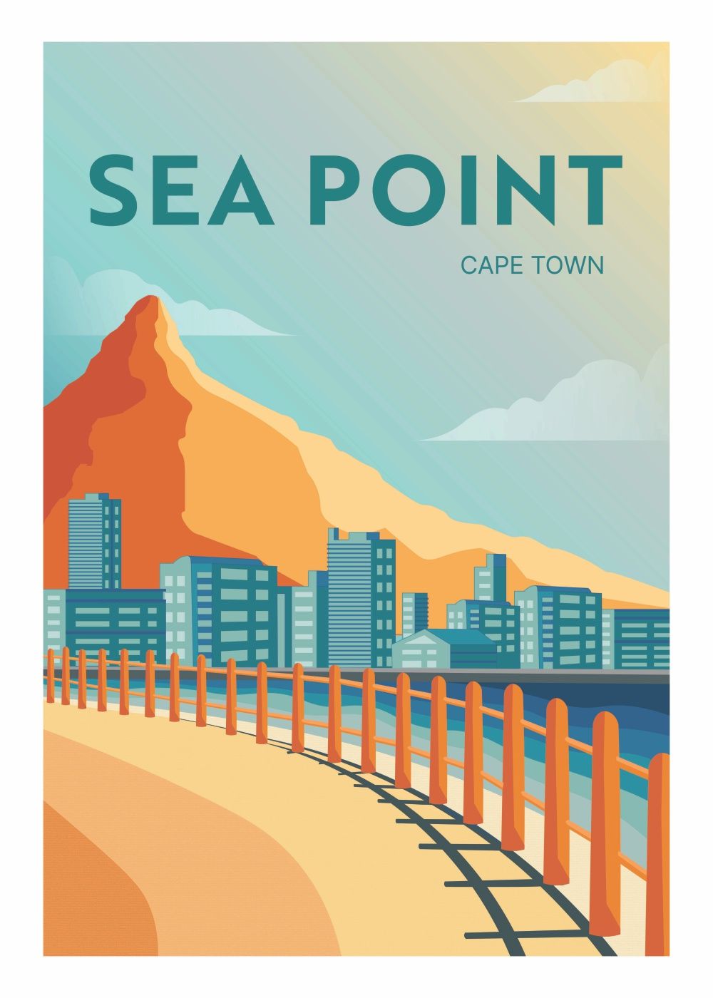 A Poster depicting the Sea Point Promenade in Cape Town. Lions Head is visible, the walkway and sea